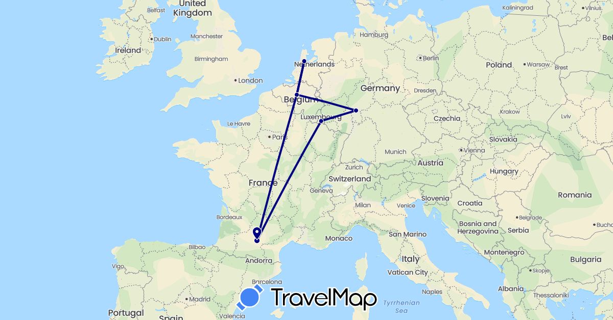 TravelMap itinerary: driving in Belgium, Germany, France, Luxembourg, Netherlands (Europe)