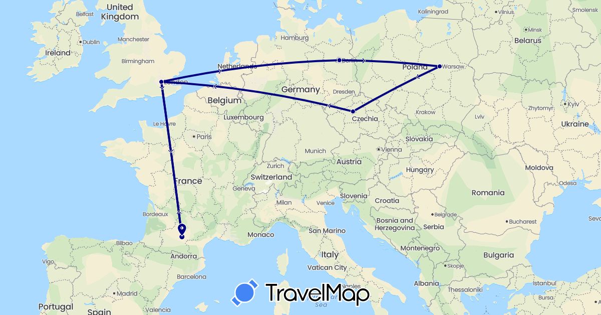 TravelMap itinerary: driving in Czech Republic, Germany, France, United Kingdom, Poland (Europe)