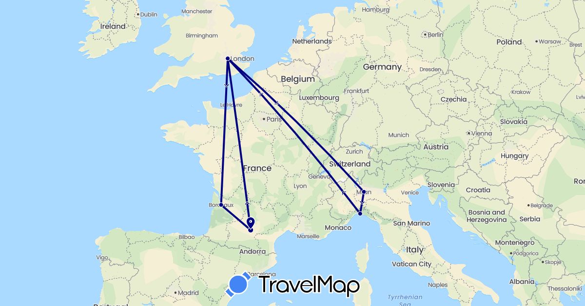 TravelMap itinerary: driving in France, United Kingdom, Italy (Europe)