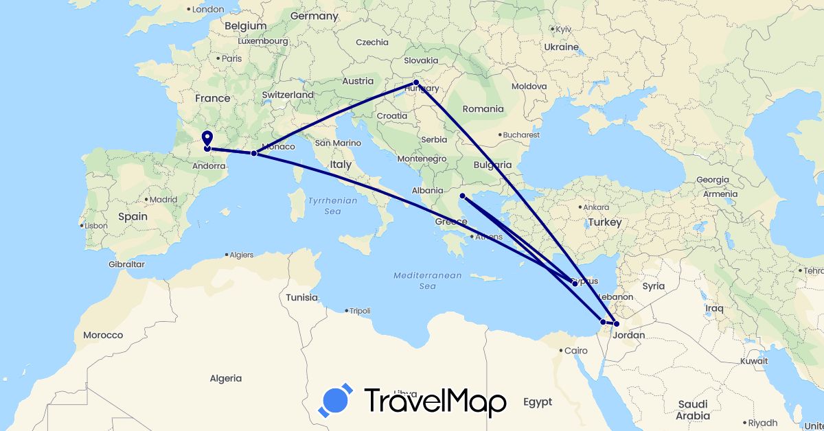 TravelMap itinerary: driving in Cyprus, France, Greece, Hungary, Israel, Jordan (Asia, Europe)