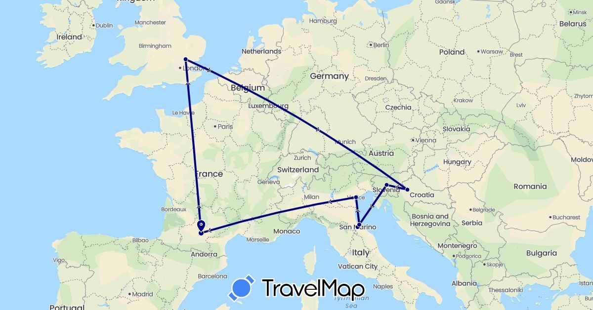 TravelMap itinerary: driving in France, United Kingdom, Croatia, Italy, Slovenia, San Marino (Europe)