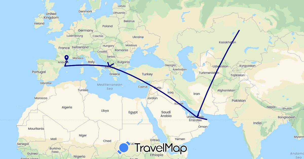 TravelMap itinerary: driving in United Arab Emirates, Albania, Spain, France, Kazakhstan, Montenegro, Macedonia, Oman (Asia, Europe)