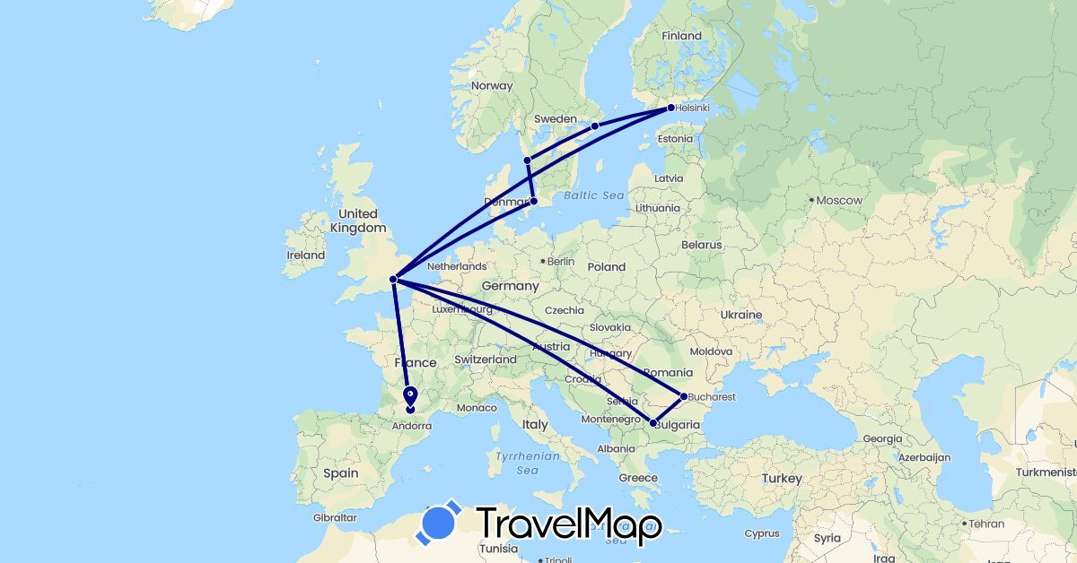 TravelMap itinerary: driving in Bulgaria, Denmark, Finland, France, United Kingdom, Romania, Sweden (Europe)