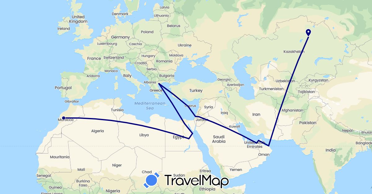 TravelMap itinerary: driving in United Arab Emirates, Cyprus, Egypt, Greece, Israel, Jordan, Kazakhstan, Morocco, Oman (Africa, Asia, Europe)