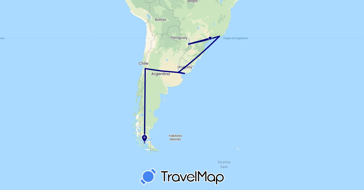 TravelMap itinerary: driving in Argentina, Brazil, Chile, Uruguay (South America)