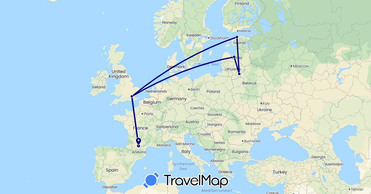 TravelMap itinerary: driving in Estonia, France, United Kingdom, Lithuania, Latvia (Europe)