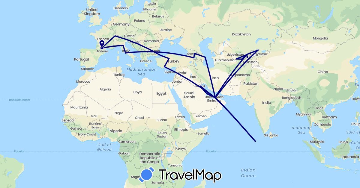 TravelMap itinerary: driving in United Arab Emirates, Armenia, Azerbaijan, Bahrain, Switzerland, France, Georgia, Italy, Kyrgyzstan, Kuwait, Maldives, Tajikistan, Turkey, Uzbekistan (Asia, Europe)